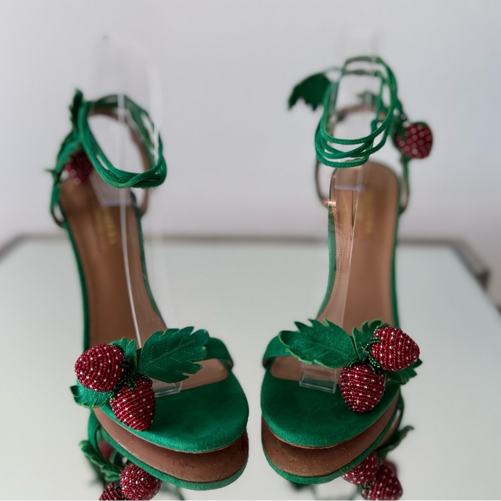EUC Aquazzura Green Fragolina 105 Embellished Suede Sandals 37 $1,295 - Picture 12 of 17